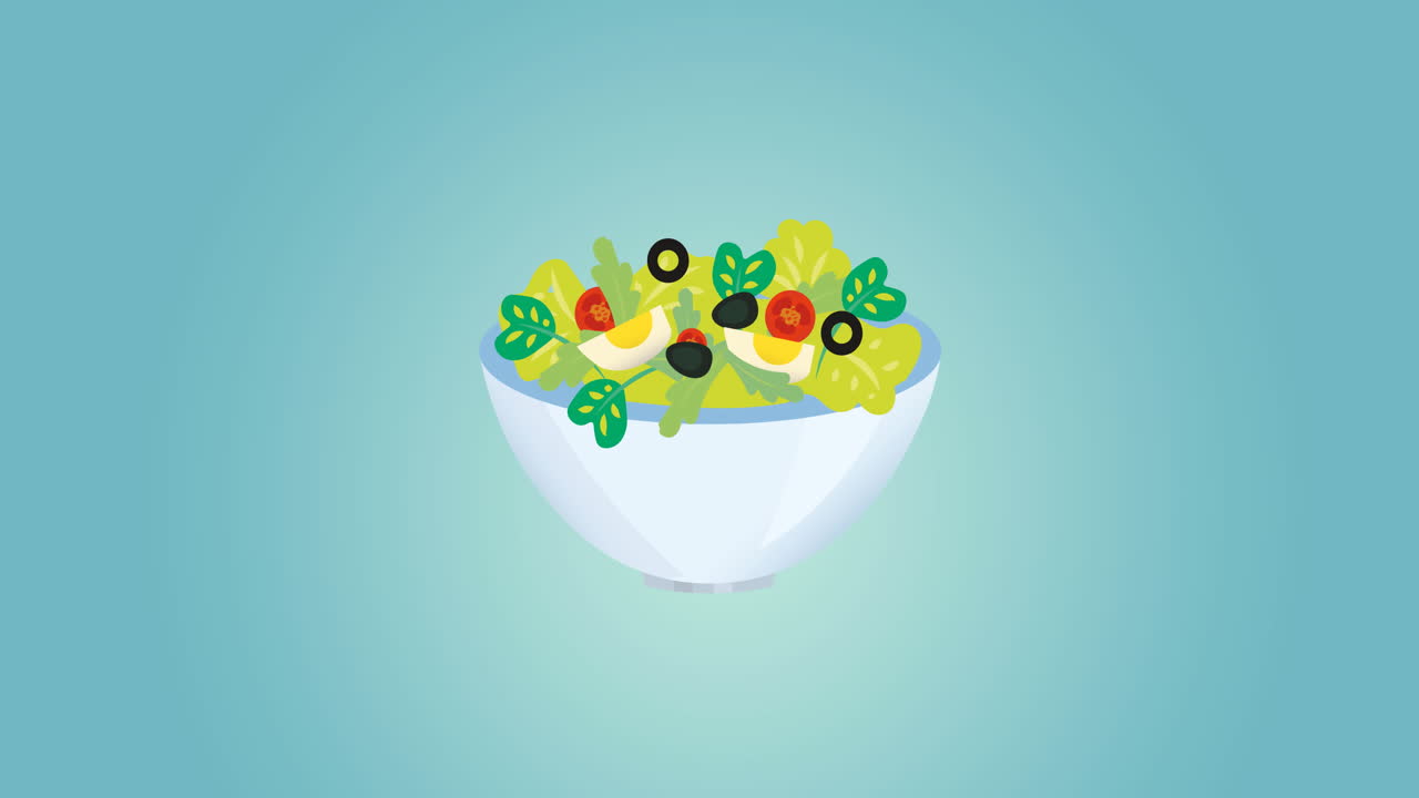 animación de ensalada de verduras en el icono del cuenco sobre fondo azul