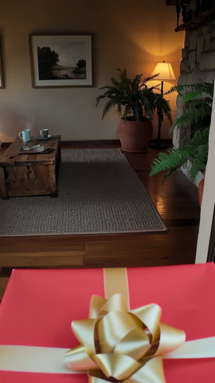 Vertical video: Bringing red gift box into frame by hands in dark sleeves placing at home on table