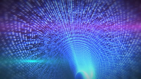 animación digital de senderos de luz rosada contra un túnel digital azul en el fondo