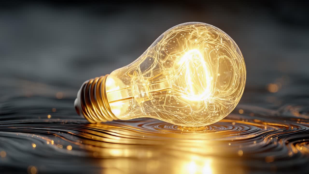 Classic incandescent light bulb lying on a metallic rippled surface slowly turning on and off, generating bright light and reflections in a conceptual animation representing energy and innovation