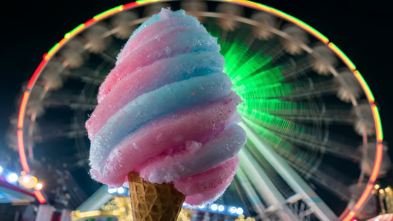 Camera framing pink-blue soft-serve cone at night fair as Ferris wheel rotating creating LED bokeh