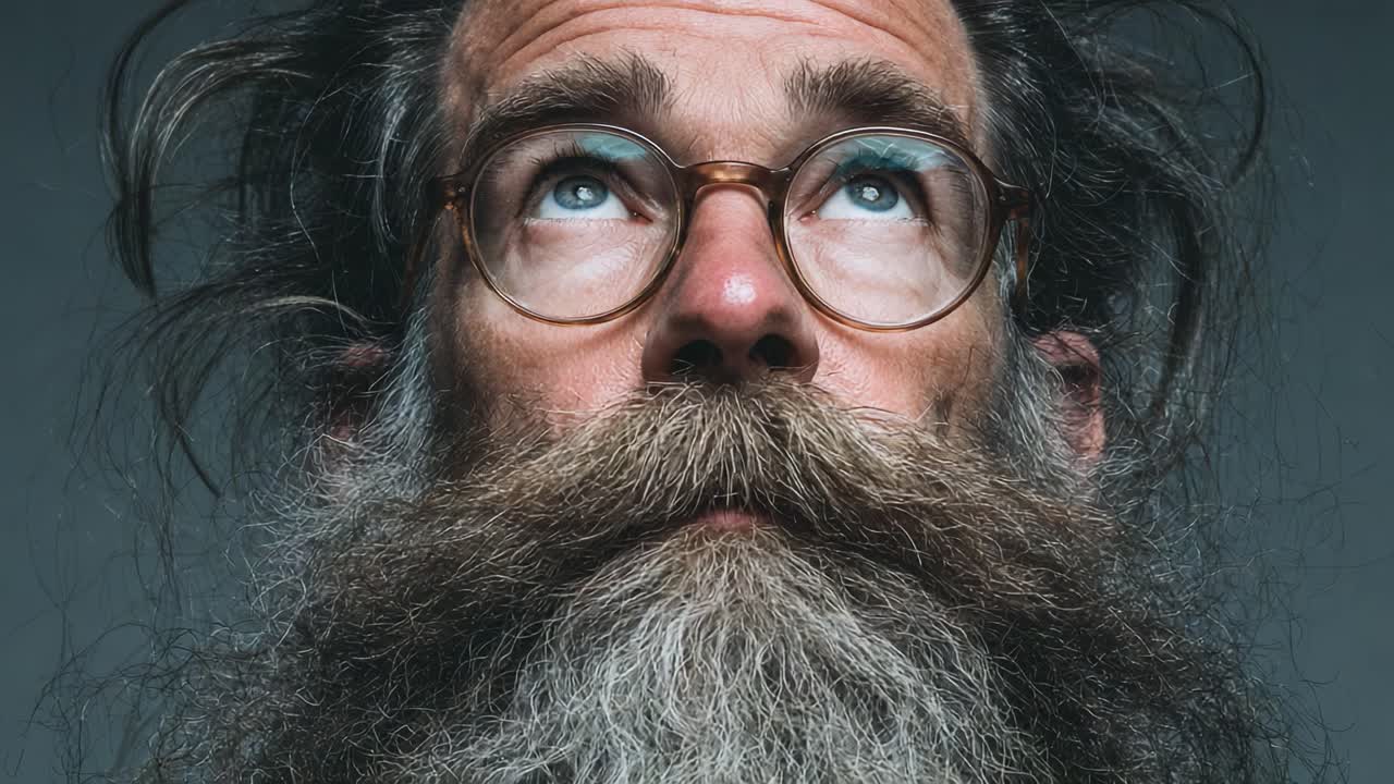 Captivating Transformation of a Bearded Man: From Dreamy Gaze to Engaging Expression in Two Frames of Intriguing Facial Transitions