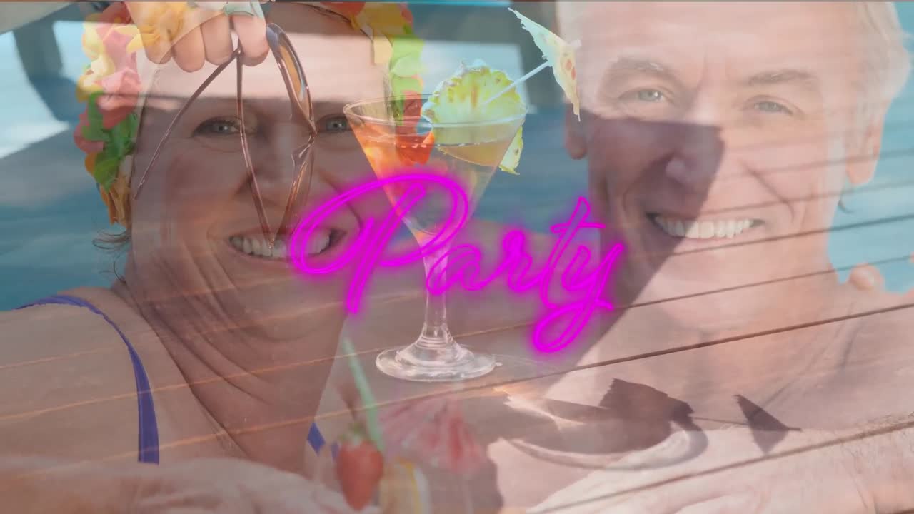 노인 백인 부부가 웃고 있는 파티 텍스트의 애니메이션