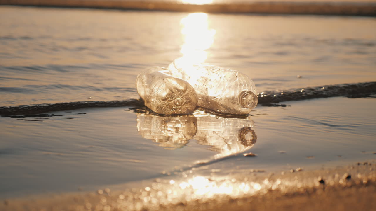 해안 플라스틱 오염 개념 근처의 물에 두 개의 플라스틱 병이 떠 있습니다.