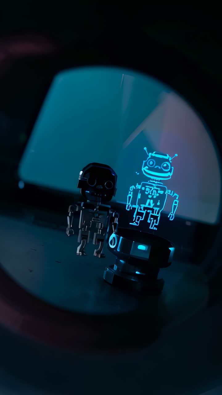 Video verticale: LED pulsante che solleva un robot ologramma ciano sopra un obiettivo di base da scrivania che chiude la demo di un giocattolo di metallo