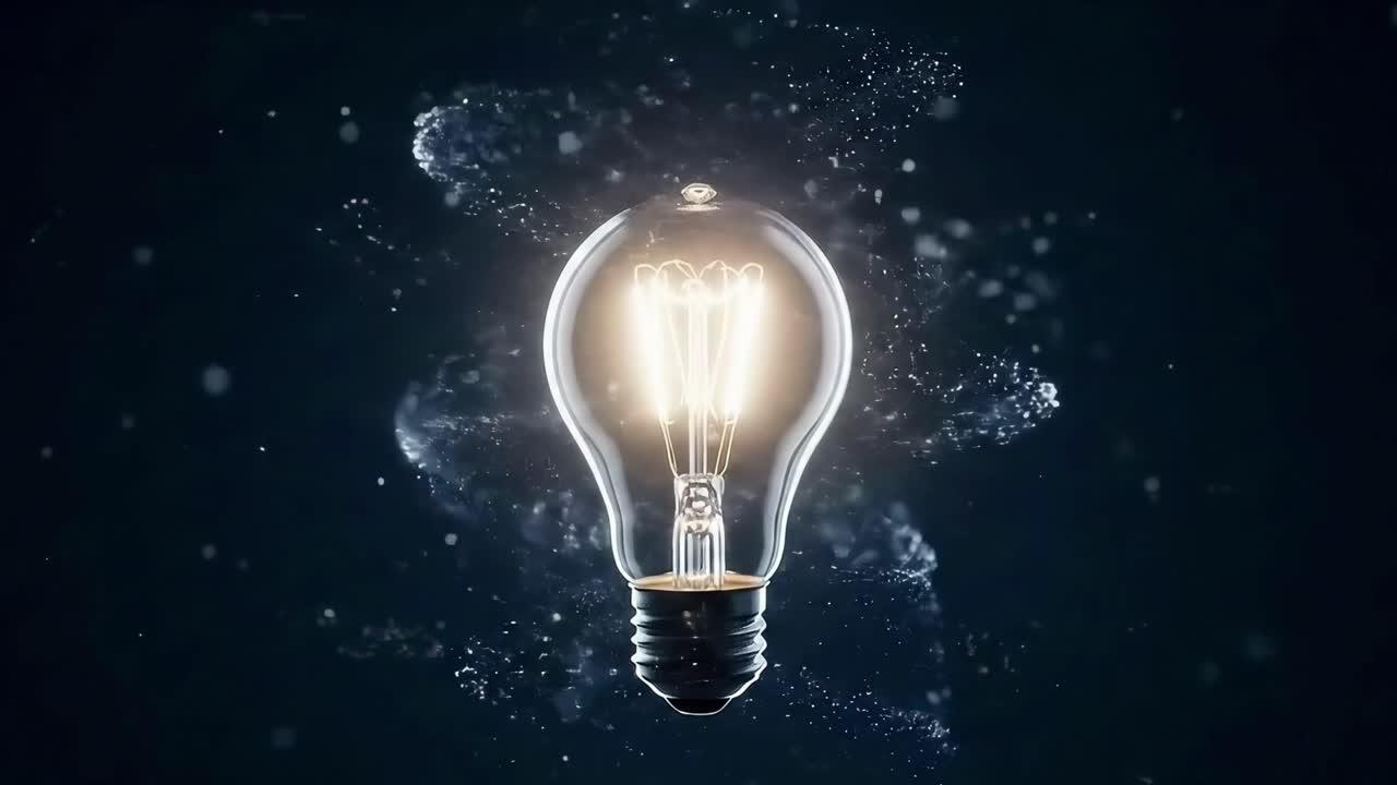 Video ravvicinato di una lampadina accesa su uno sfondo scuro, ripreso da un'angolazione frontale.
