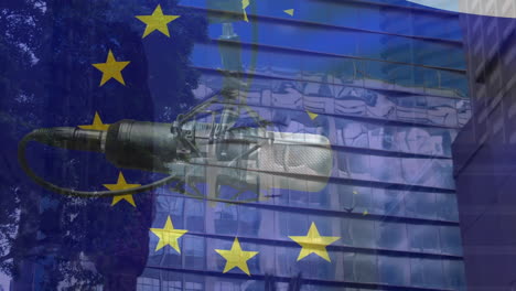 animation of flag of european union over office block and microphone