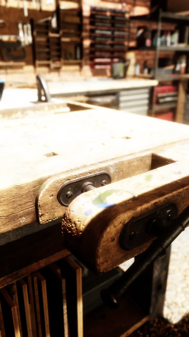 primer plano de una mesa de trabajo de época en un taller