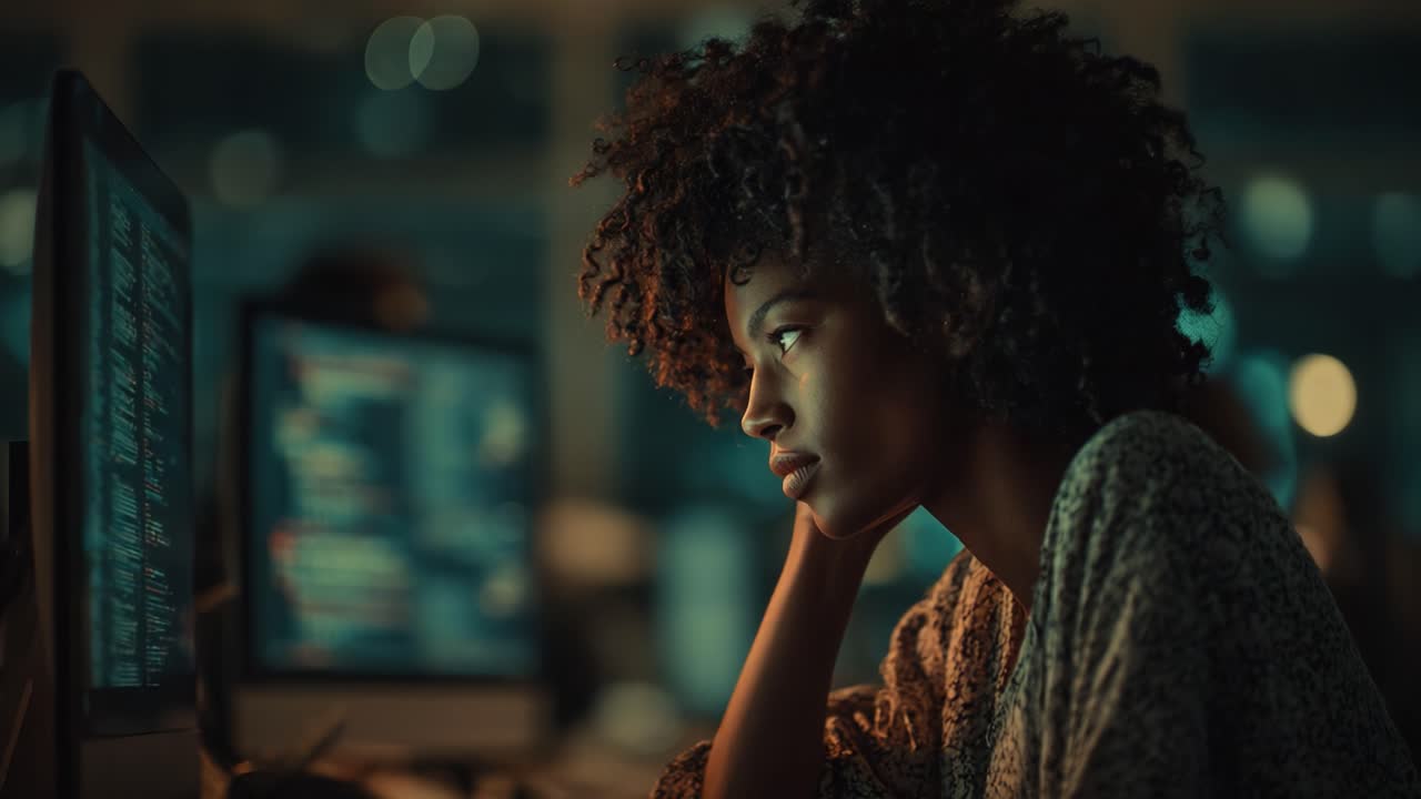 Focused Programmer Analyzing Code at Night: A Glimpse into the World of Late-Night Coding and Problem Solving Under Soft, Ambient Lighting