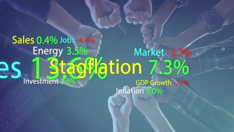 animation of data processing over diverse business people fist bumping in office