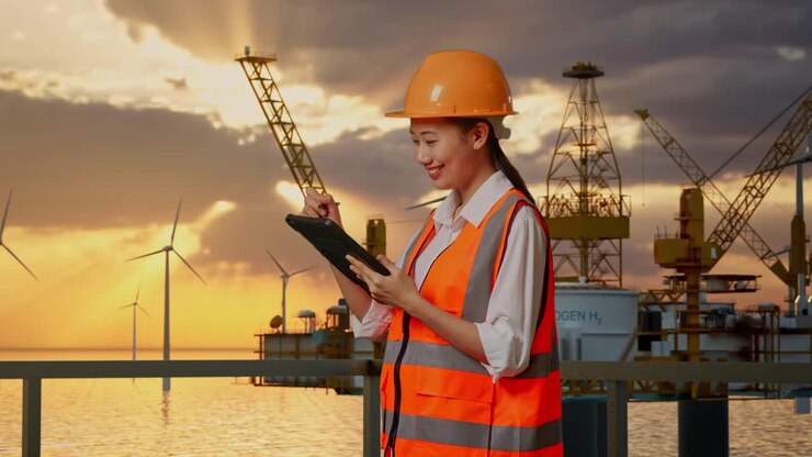 Side View Of Asian Female Engineer With Safety Helmet Taking Note On The Tablet While Standing With Hydrogen Production