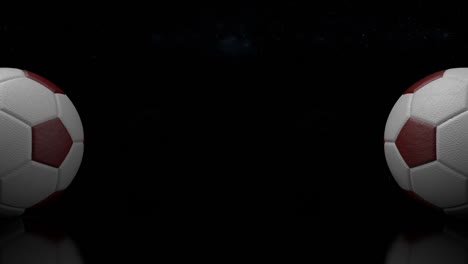 3d design of football balls on the dark background. looped animation of rolling soccer balls from leather on the universe and stars background.