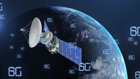 Animation-of-network-of-6g-text-over-satellite-and-globe