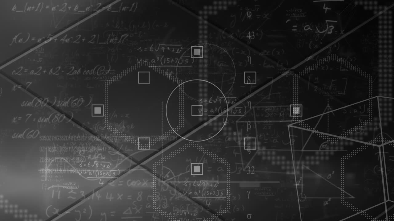 어두운 회색 배경에 모양과 수학 방정식으로 스캐너 처리 데이터의 애니메이션