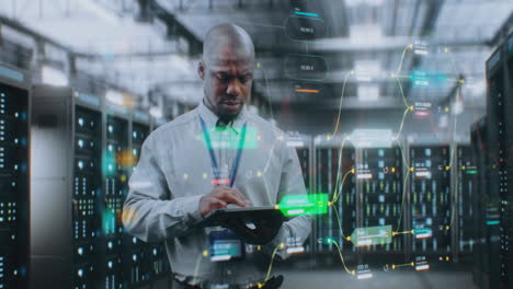 it professional working in a server room with holographic interface