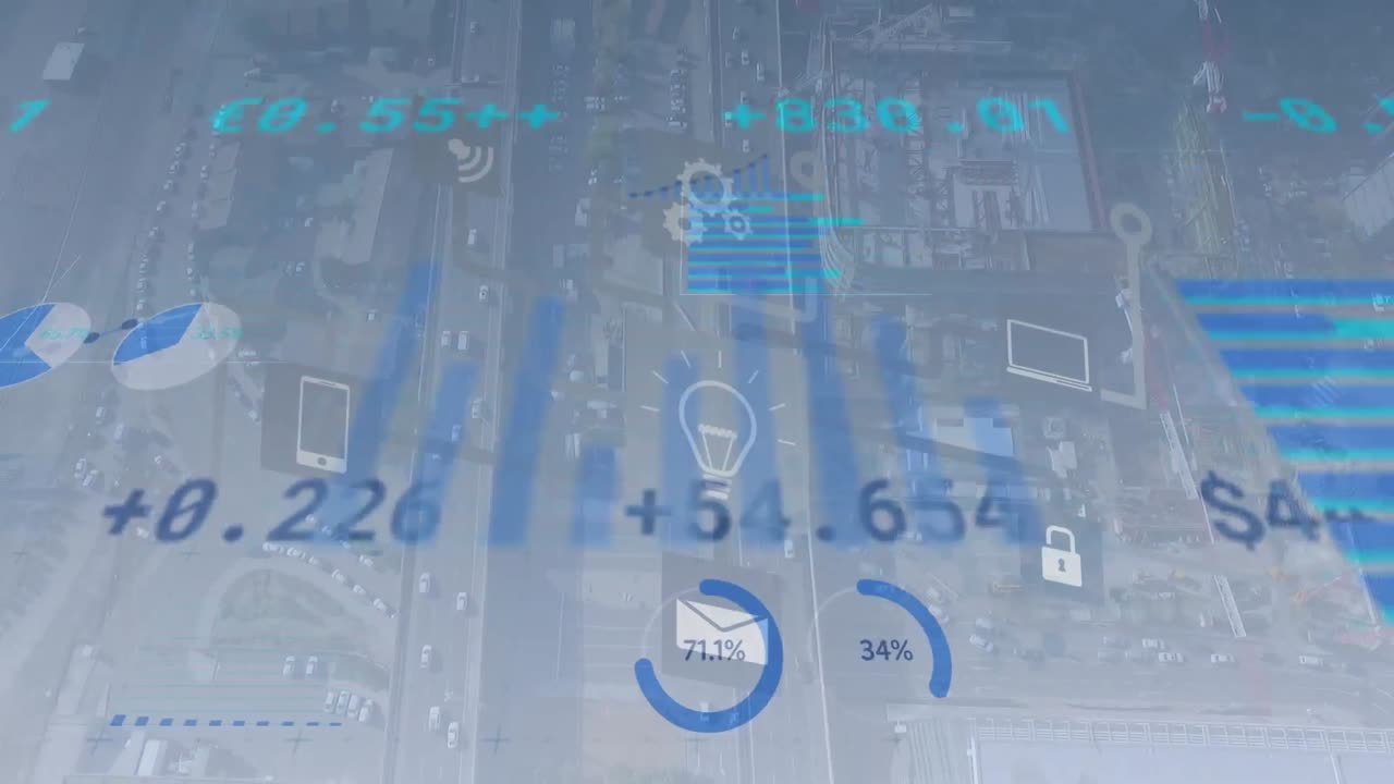 Animation of data processing over numbers an cityscape