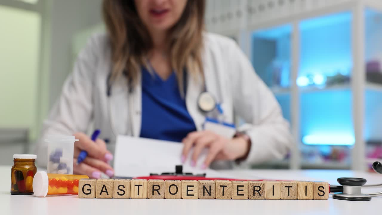 Cubetti di legno compongono la parola gastroenterite vicino a pillole sulla scrivania del medico