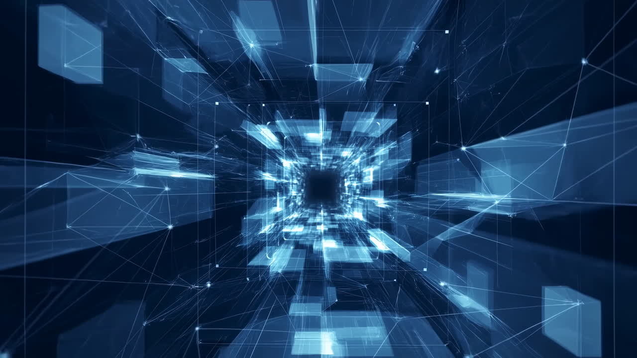 Blue Digital Tunnel Of Cubes Accelerates Into Deep Virtual Core, Streaming Geometry And Grid Lines Create
