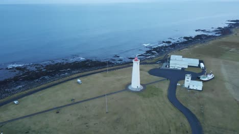 drone flying over tall lighthouse towards a beautiful ocean in iceland