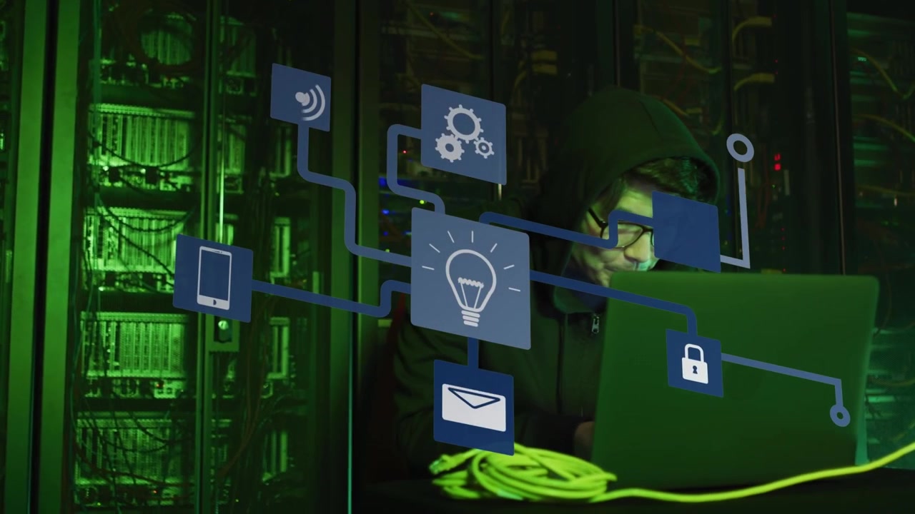 Animation of purple shapes and connections with tech icons over asian male hacker