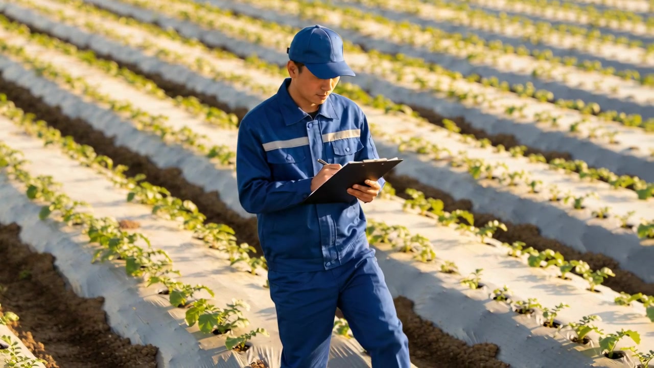 Walking man in blue uniform noting crop on clipboard inspecting plastic mulch beds, warm light