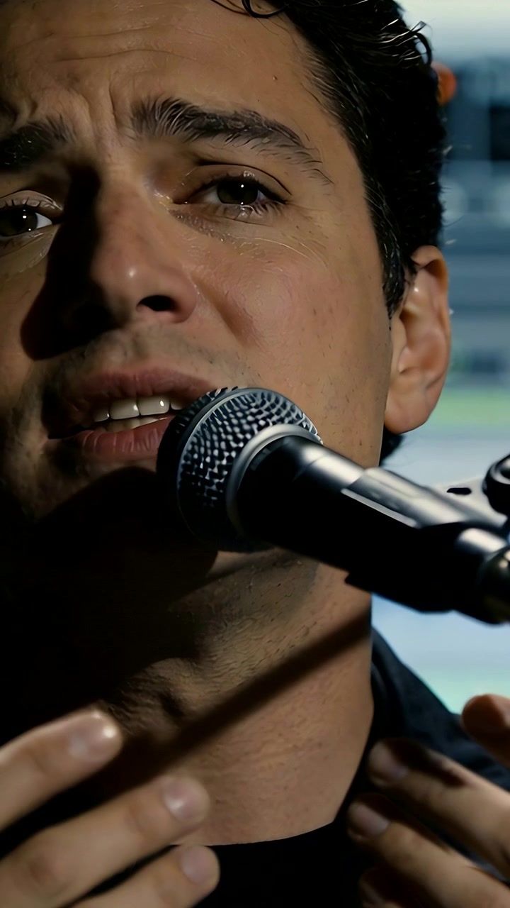 Video verticale: Cantante maschio che canta, respira e modella la melodia sul palco, con microfono e anello, camicia scura.