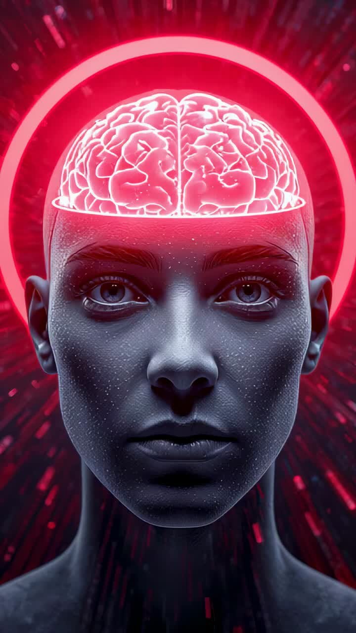 Vertical video: Rotating camera showing sculpted head in studio neon-pink brain pulsing, red halo