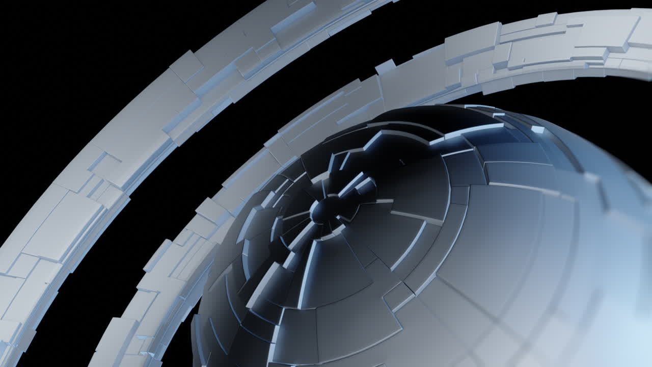 Futuristic sphere with rotating segmented rings and glowing tech elements in dark digital space