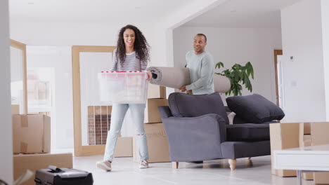 loving couple carrying boxes into new home on moving day