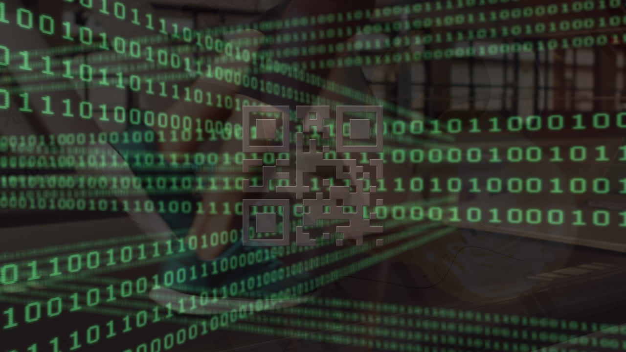 animación de código qr y procesamiento de datos sobre mujer caucásica en cinta de correr