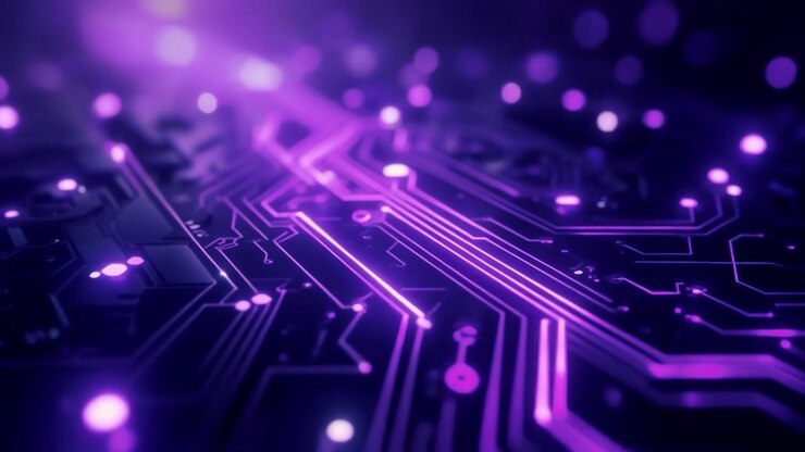 Scheda di circuito digitale astratta con flussi di dati viola luminosi