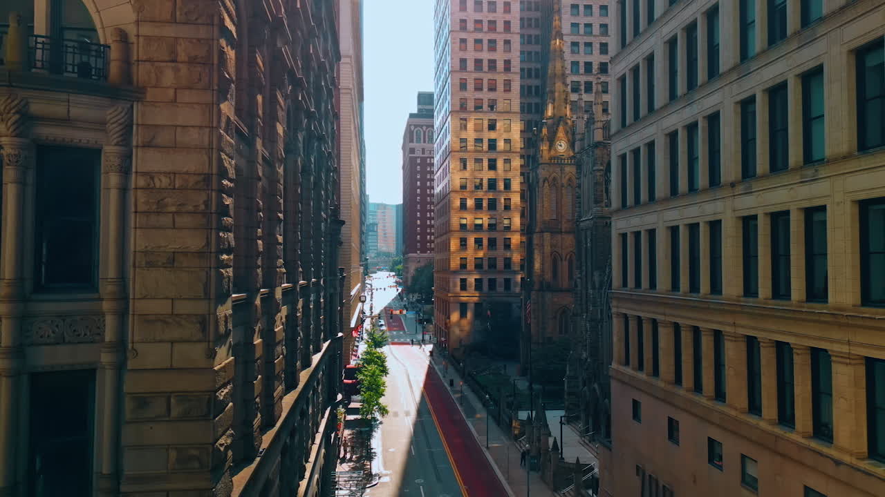 Magnificent buildings of Six Avenue street in Pittsburg, Pennsylvania, USA. View on the First Presbyterian Church from drone