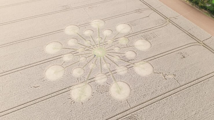 Aerial view looking down over Andover starburst crop circle in Test valley golden wheat field, Hampshire