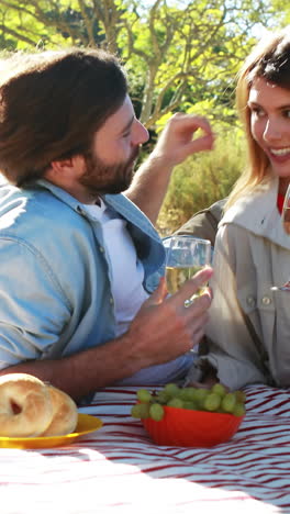 pareja romántica interactuando entre sí mientras beben vino