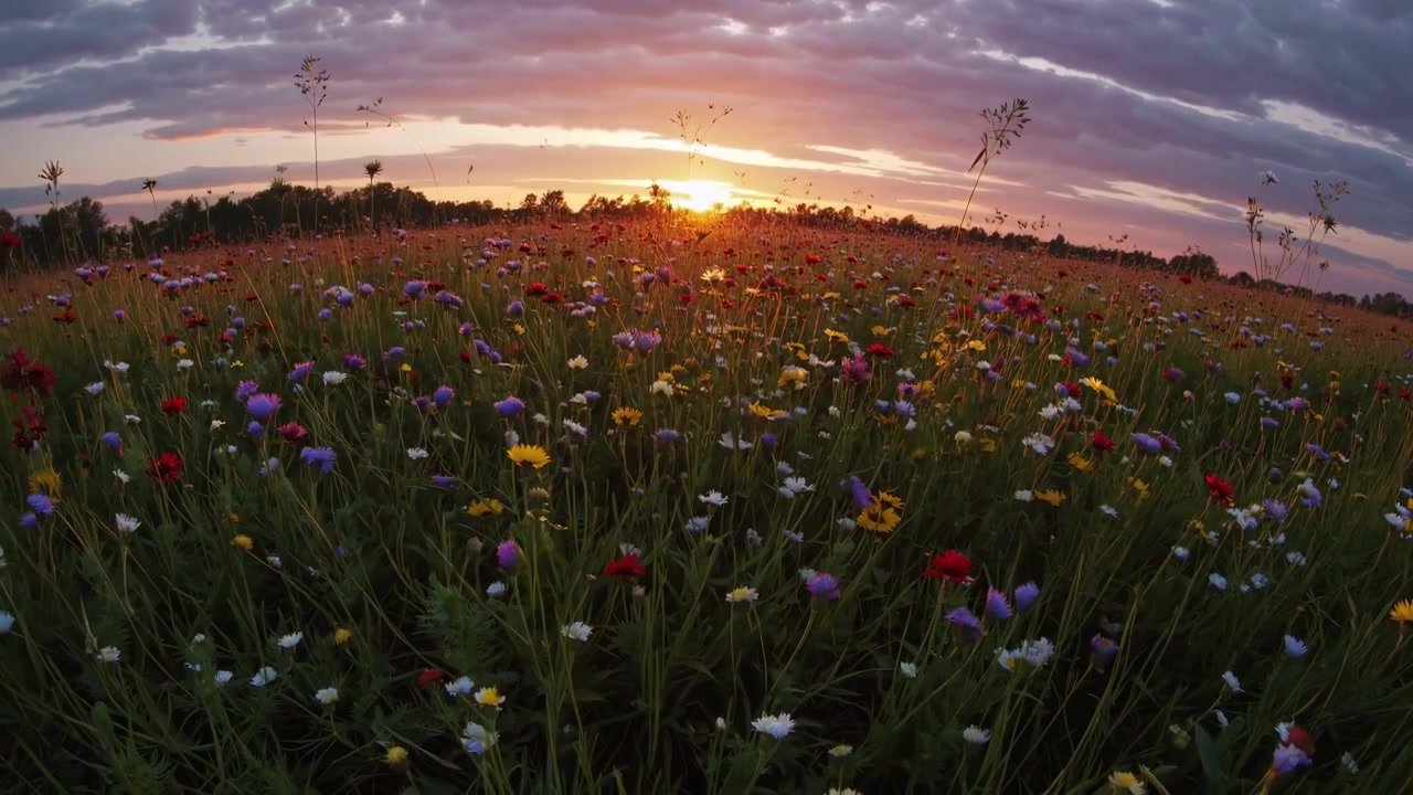Um prado vibrante de flores silvestres ao pôr-do-sol