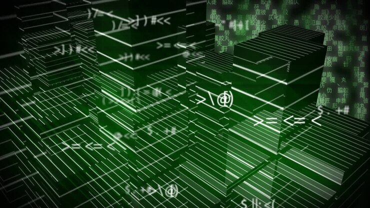 Mathematical symbols against 3D city model spinning