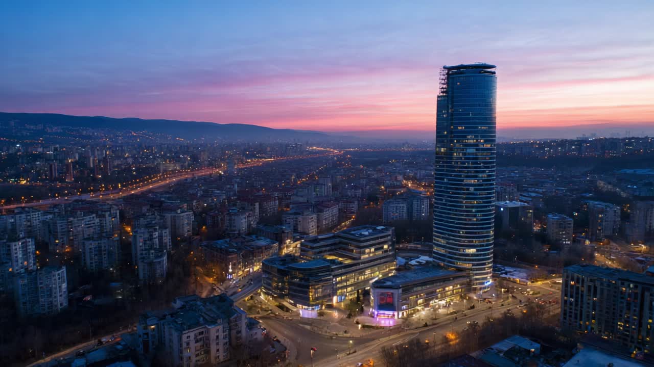 A Majestic Evening Skyline: Captivating Views of Modern Architecture Surrounded by City Lights at Dusk and Dawn, Showcasing Urban Vibrancy and Reflective Beauty in a Bustling Metropolis