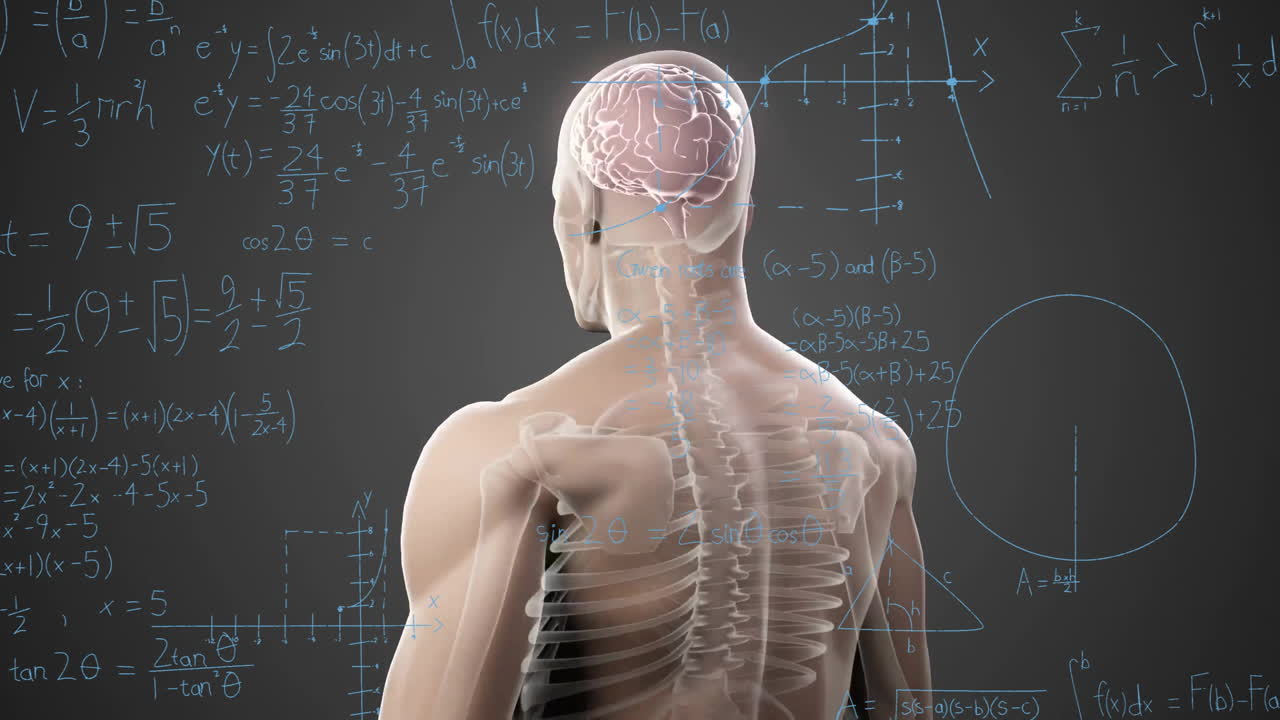 Animation of human anatomy with mathematical equations overlaying school diagrams