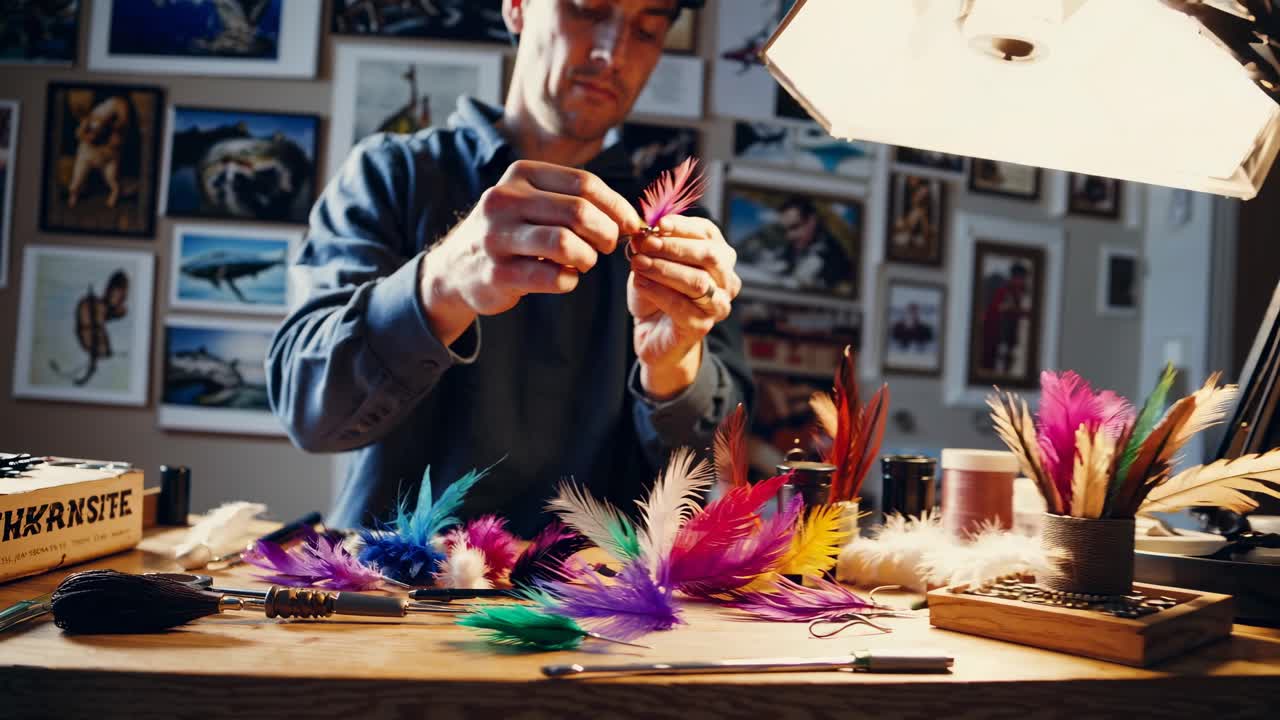A close-up video captures a craftsman at work, arranging colorful feathers under warm lighting
