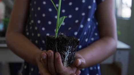 girl holding plant in the class