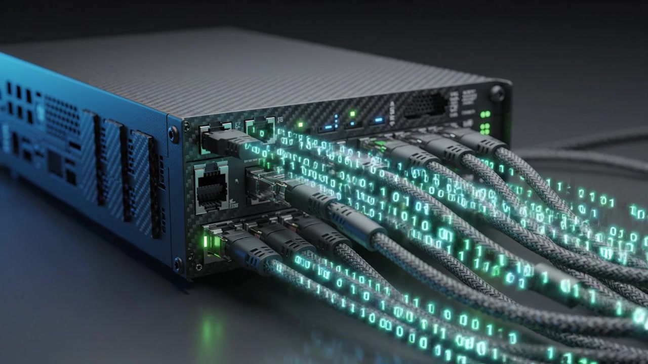 A high-tech server unit displaying advanced connectivity with illuminated ports and cables, showcasing the flow of data in binary code across a modern digital setup.