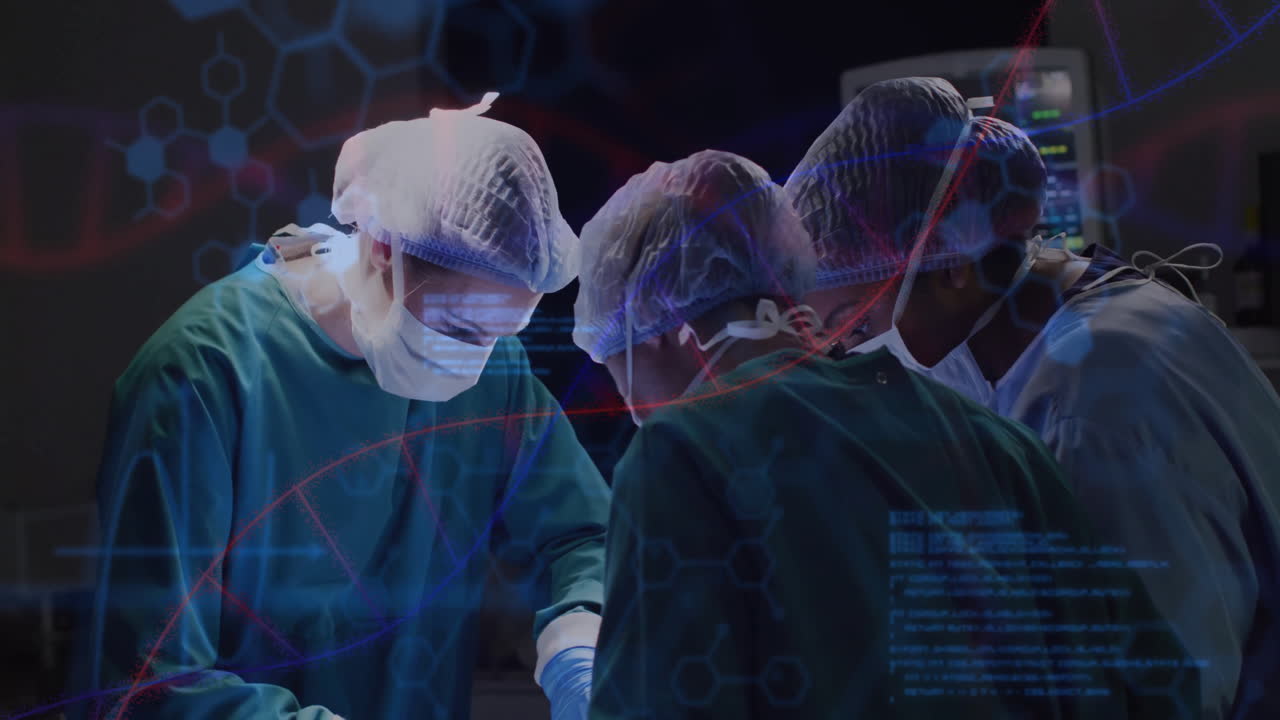 Surgeons performing operation with DNA strand and data processing animation overlay
