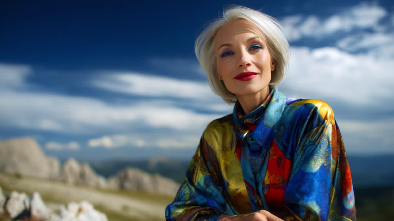 Una donna aggraziata che irradia sicurezza ed eleganza, con indosso un abito vivace e colorato su uno sfondo naturale mozzafiato di montagne e cielo sconfinato
