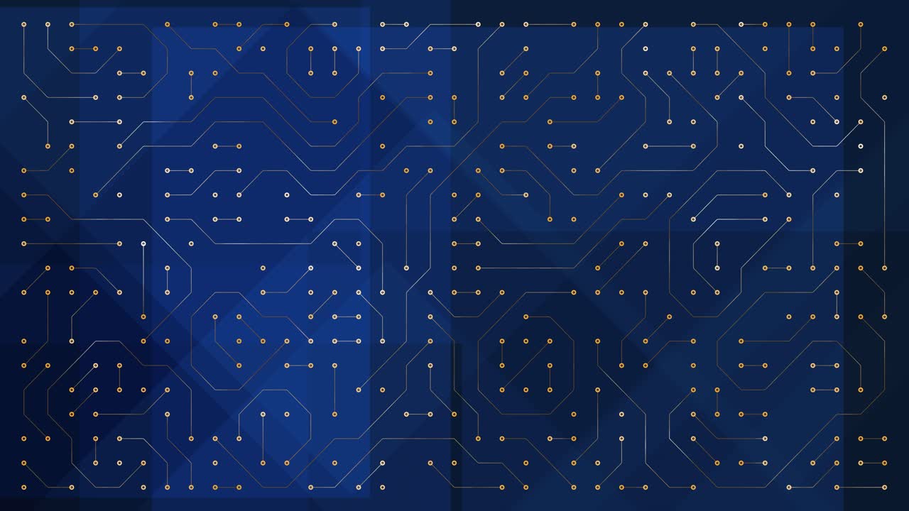 Circuit board seamless loop against slow motion dark blue abstract background featuring gold lines and dots creating electronic pattern