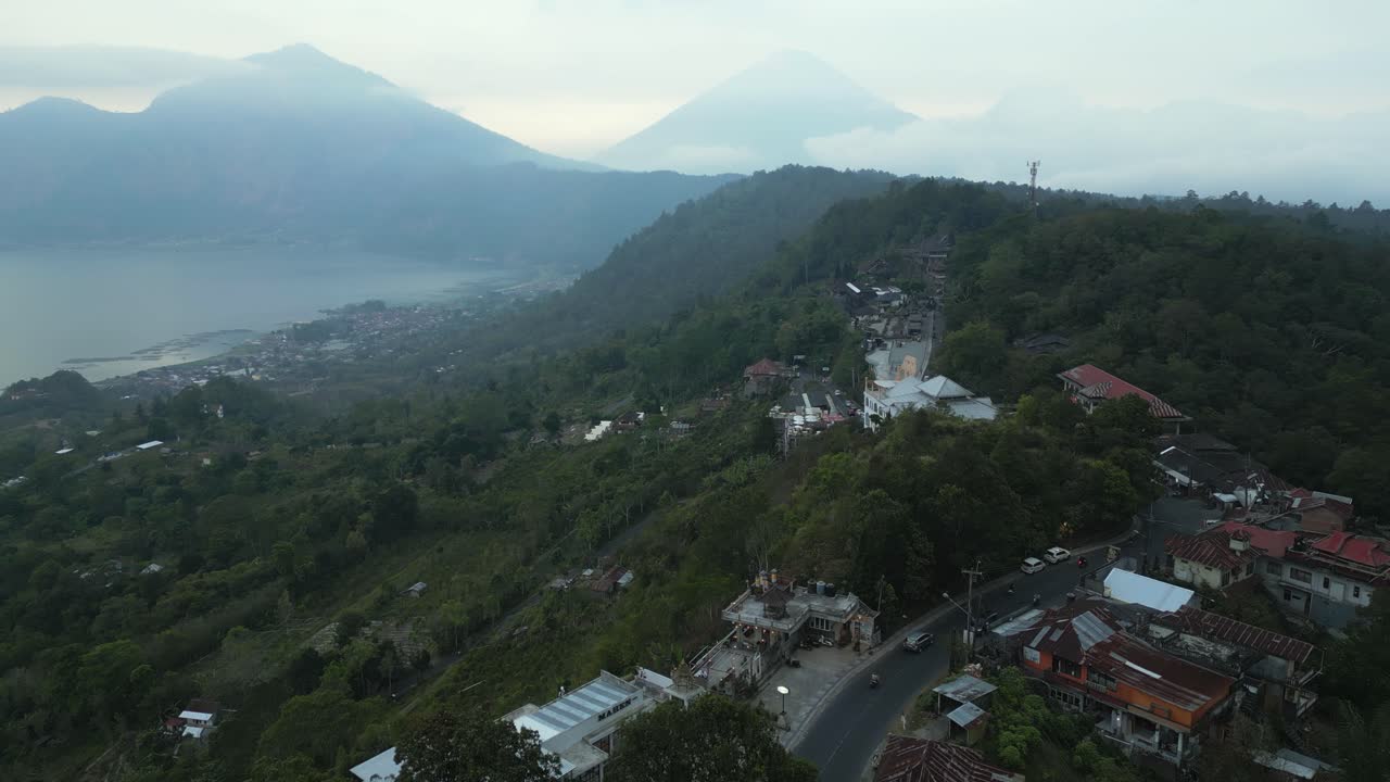 Overcast mountainous tropical caldera town near Mount Batur on Bali
