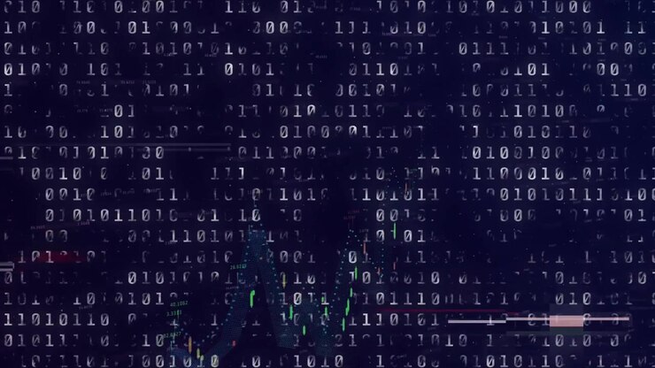 Animation of binary coding data processing over dark background