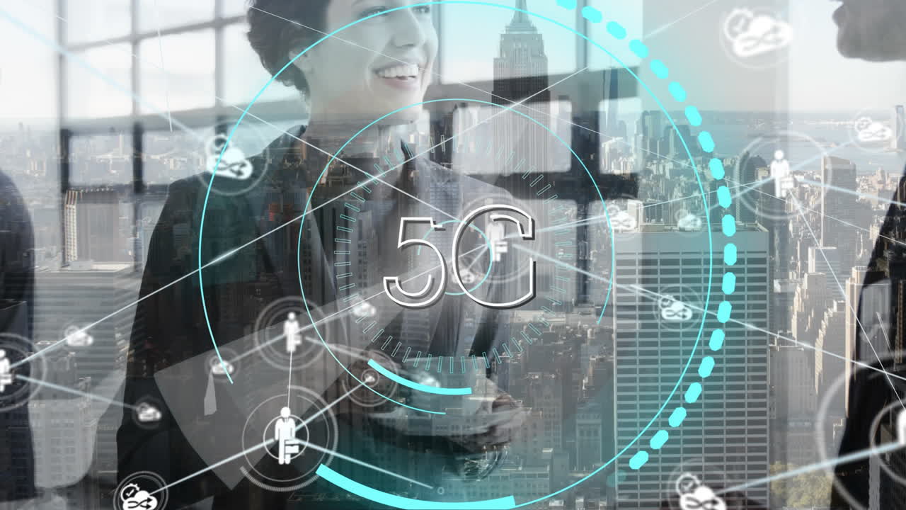 사무실에서 사업가와 대화하는 사업가에 대한 연결 네트워크를 통해 5g 문자