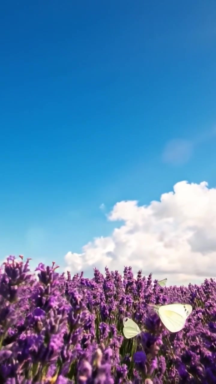 Vibranti campi di lavanda sotto un cielo azzurro limpido con soffici nuvole bianche: una serena fuga nella natura che cattura la bellezza e la tranquillità della lavanda in fiore.