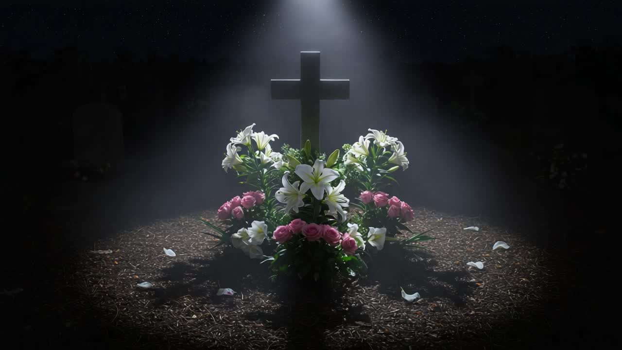 A Serene Moment at a Cemetery: Illuminated Cross Surrounded by Vibrant Flowers Represents Remembrance and Reflection Under a Starry Night Sky