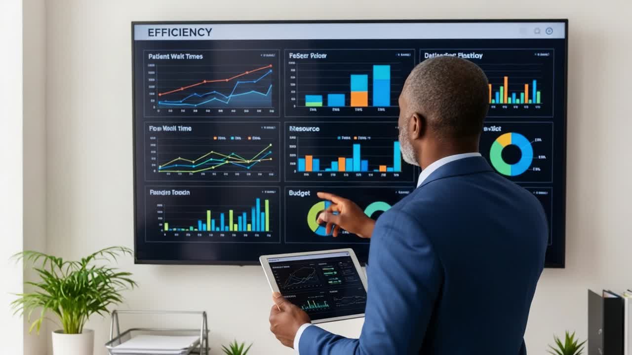 An Insightful Analysis of Efficiency Metrics: A Professional Reviewing Data Visualization on a High-Tech Screen, Emphasizing Key Performance Indicators and Trends in Organizational Performance